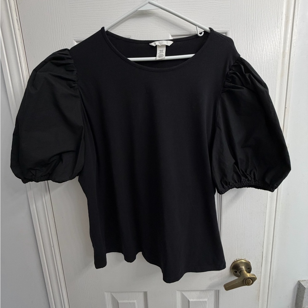H&M Black Puff Sleeve Scoop Neck Top Women's XXL Cottagecore Casual